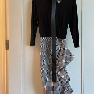 Calvin Klein Women's Belted Solid Black & Plaid Ruffled Dress, Black. Size 8 (me
